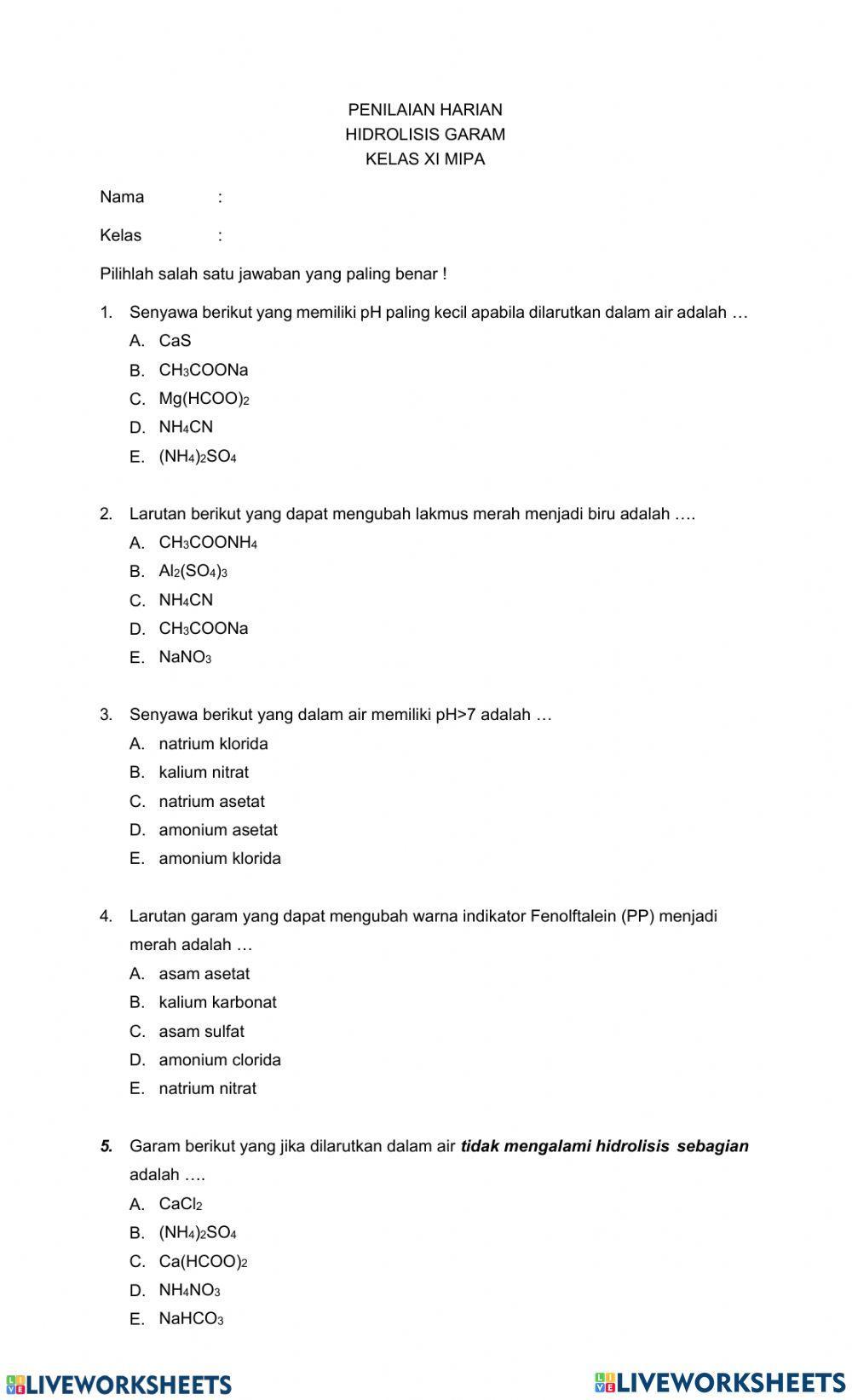 Penilaian Harian Hidrolisis garam