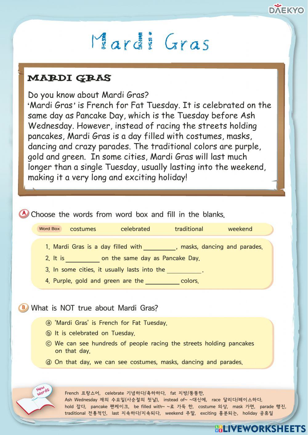 mardi gras worksheets for esl students