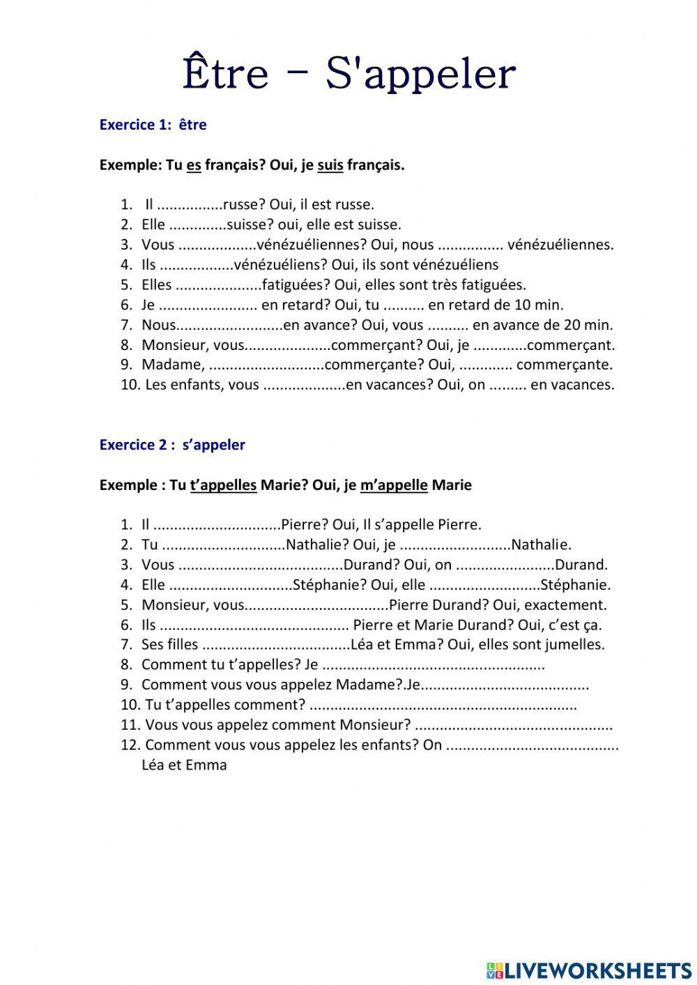 Verbe être et s'appeler