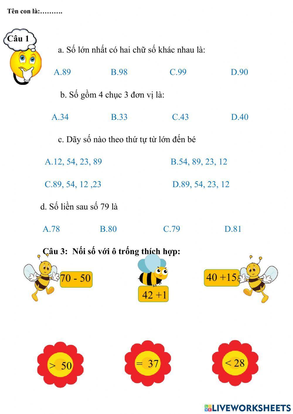 Toán lớp 1 tuần 30