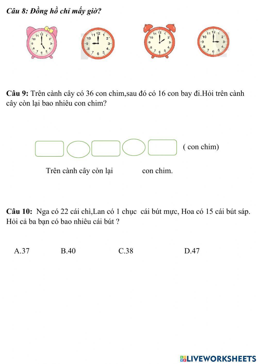 Toán lớp 1 tuần 30