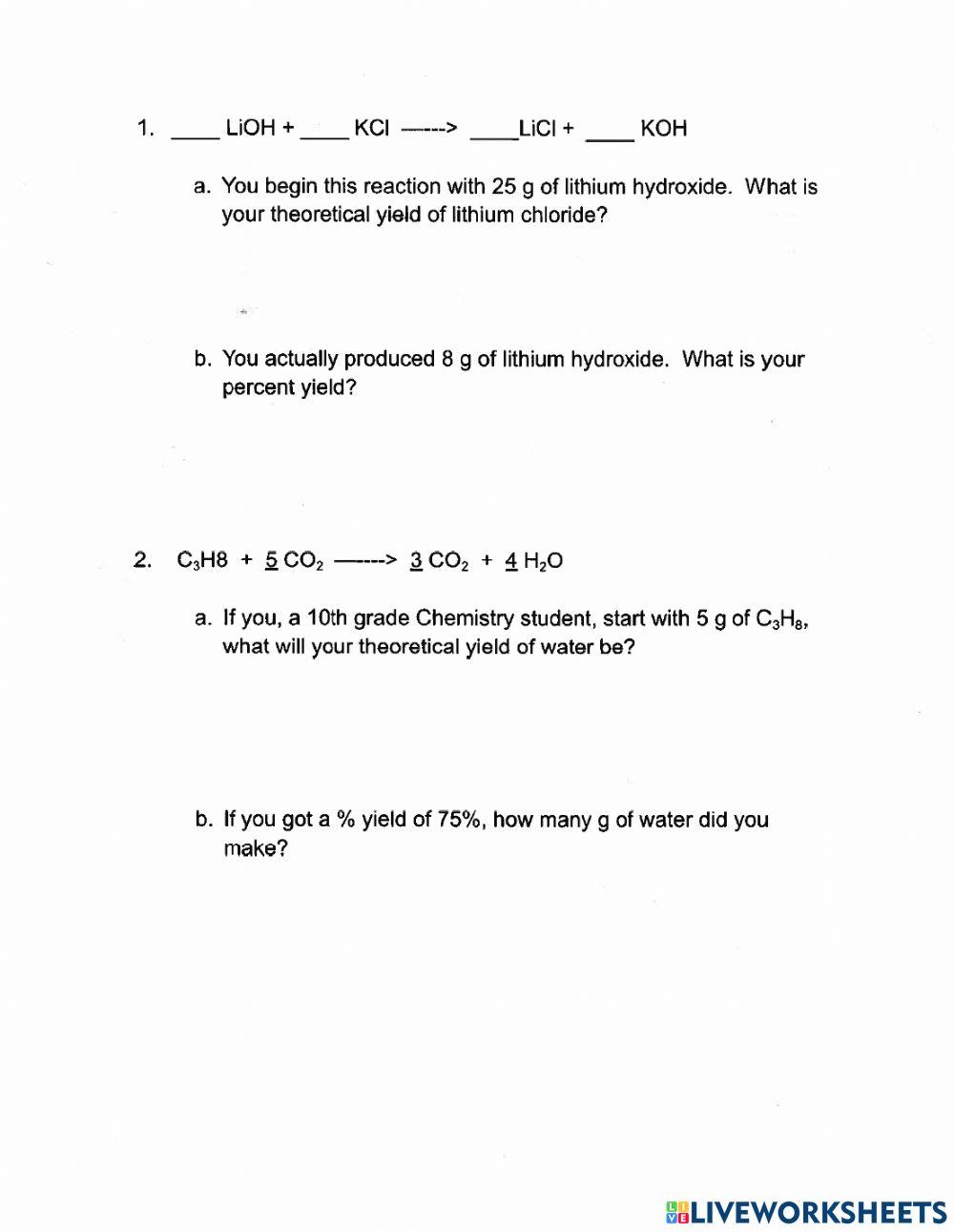 Percent Actual And Theoretical Yield Worksheets