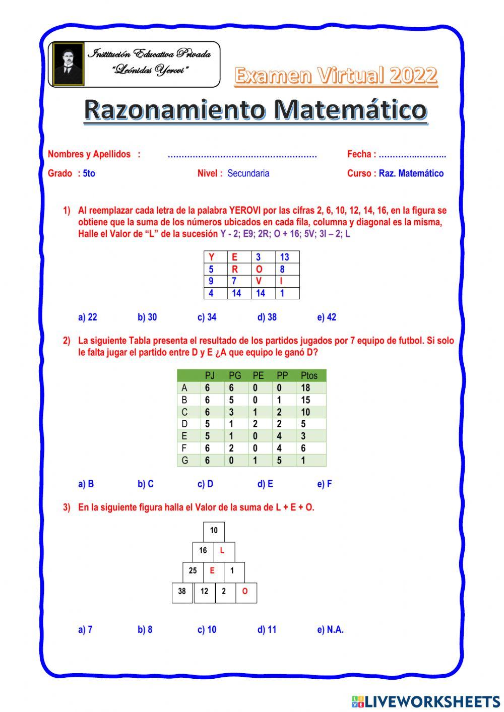 Razonamiento Matemático 5to