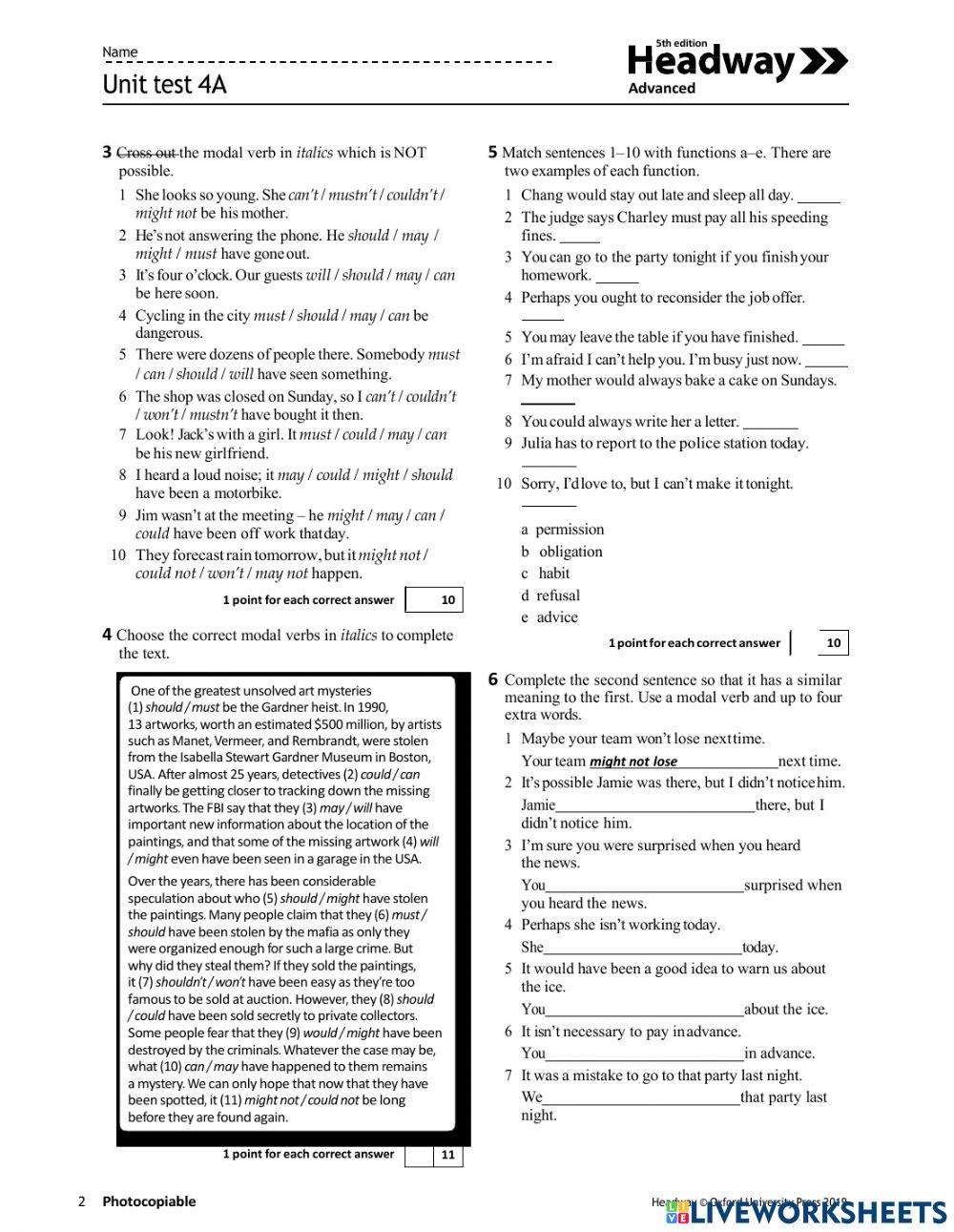 Headway Unit Test 4 Advanced