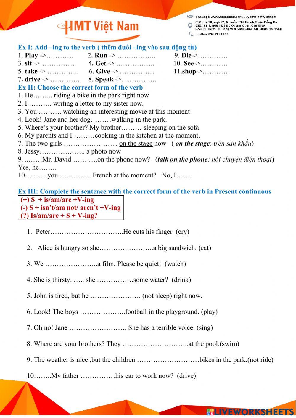 HMT ôn tập thì Hiện tại tiếp diễn