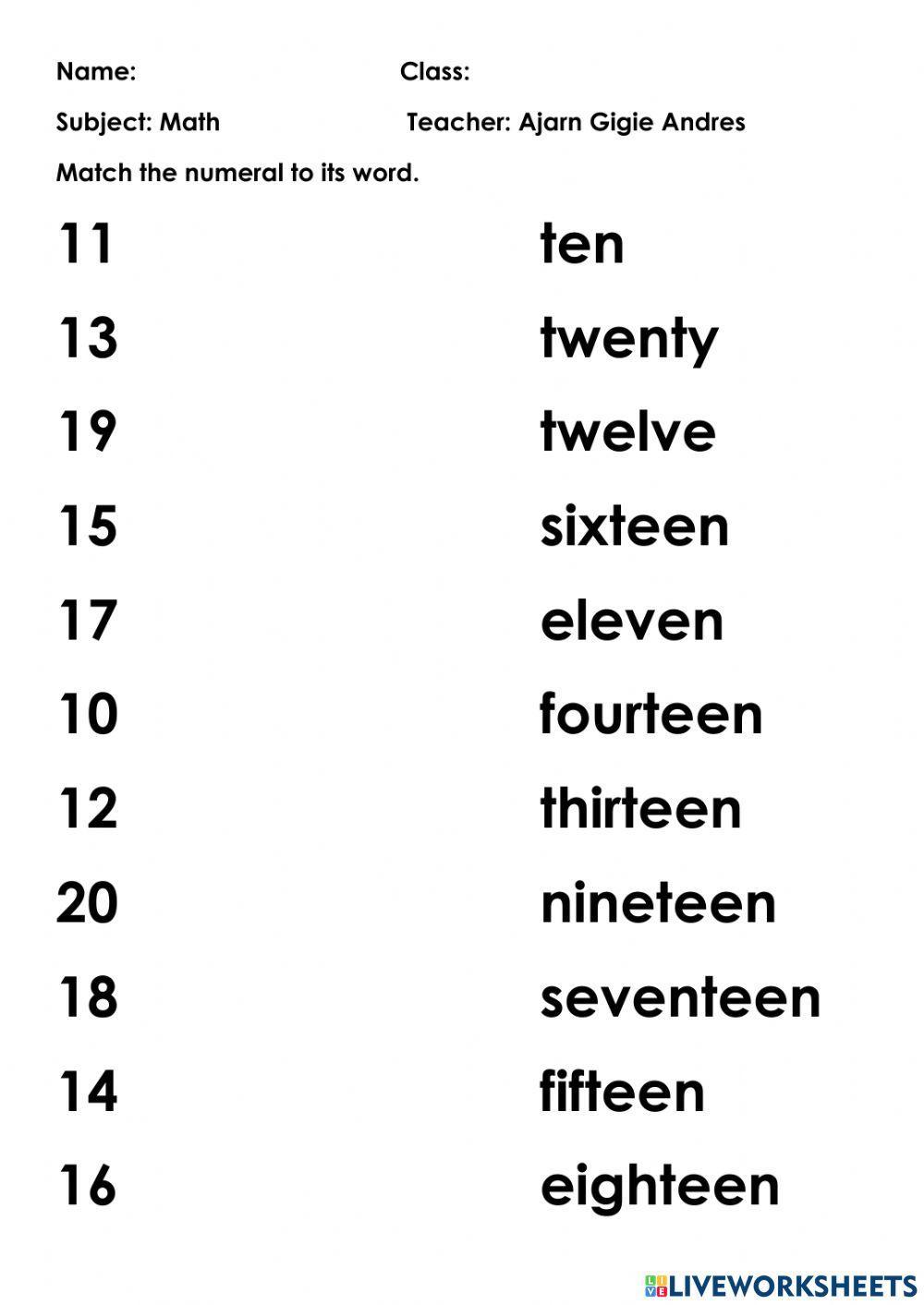 Number words 10-20