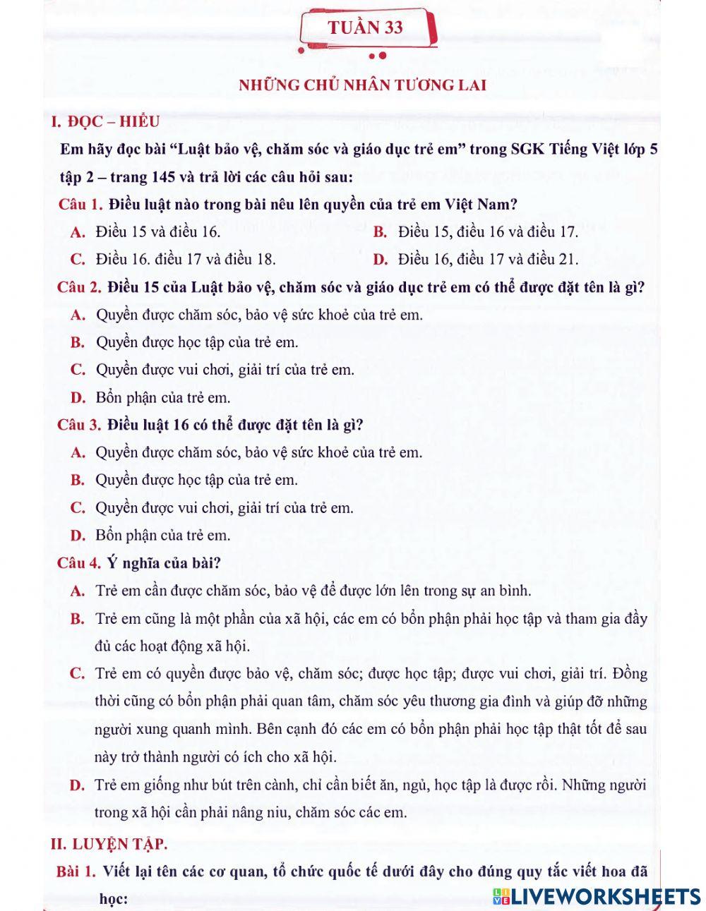 Tiếng Việt 5 - Tuần 33