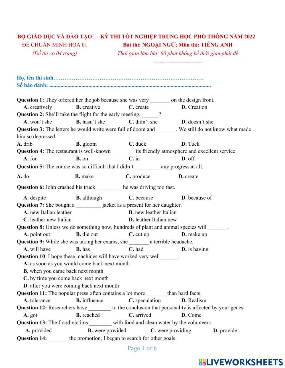 Bộ 1- đề luyện số 1 -tn 2022