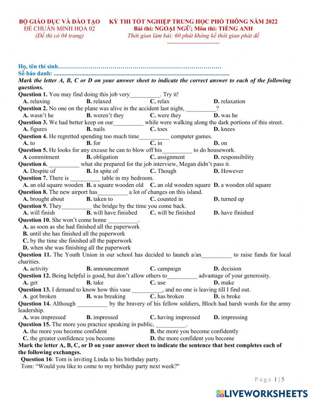 Bộ 1- đề luyện số 2 -tn 2022