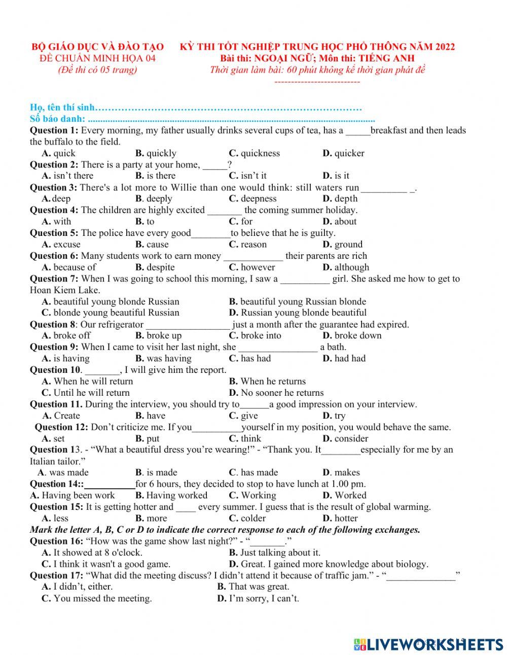 Bộ 1- đề luyện số 4 -tn 2022