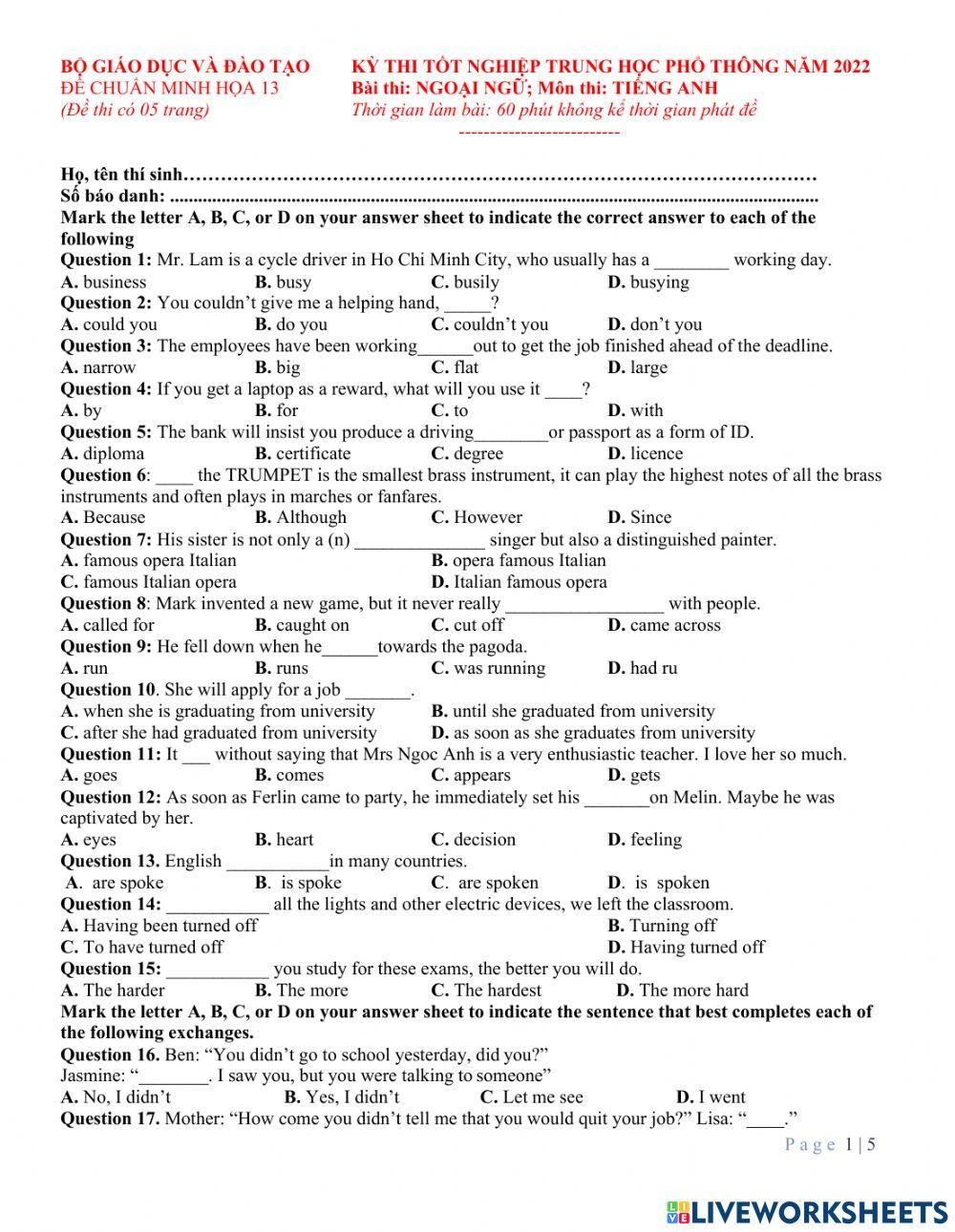 Bộ 1- đề luyện số 13-tn 2022