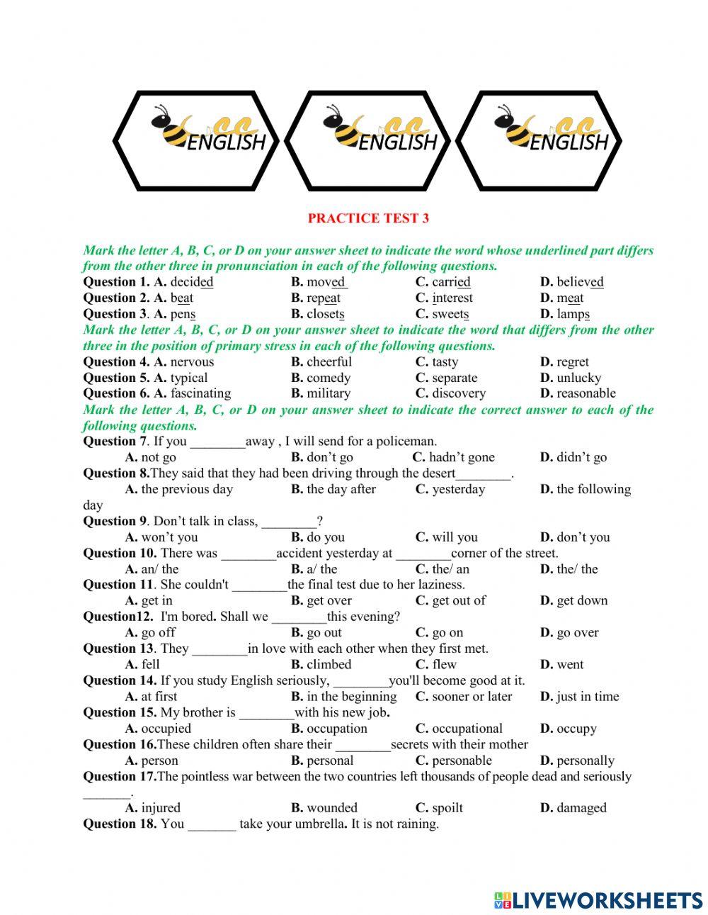 Bee Grade 12 - Practice Test 3