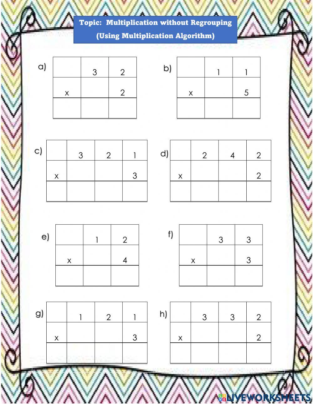 Multiplication without regrouping online exercise for live worksheets