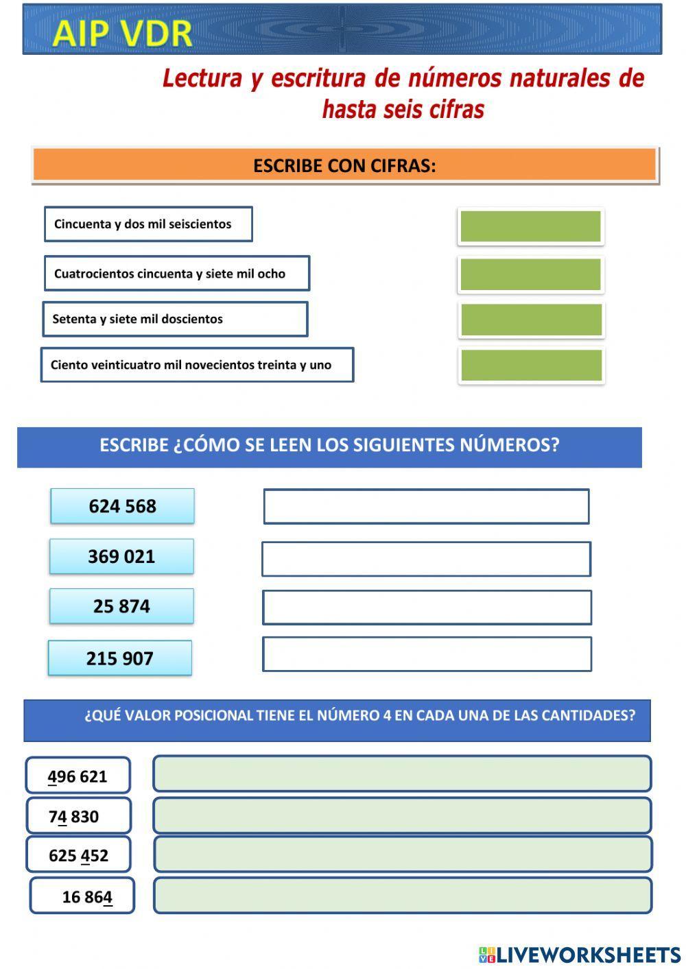 Lectura y Escritura de Números de hasta seis cifras