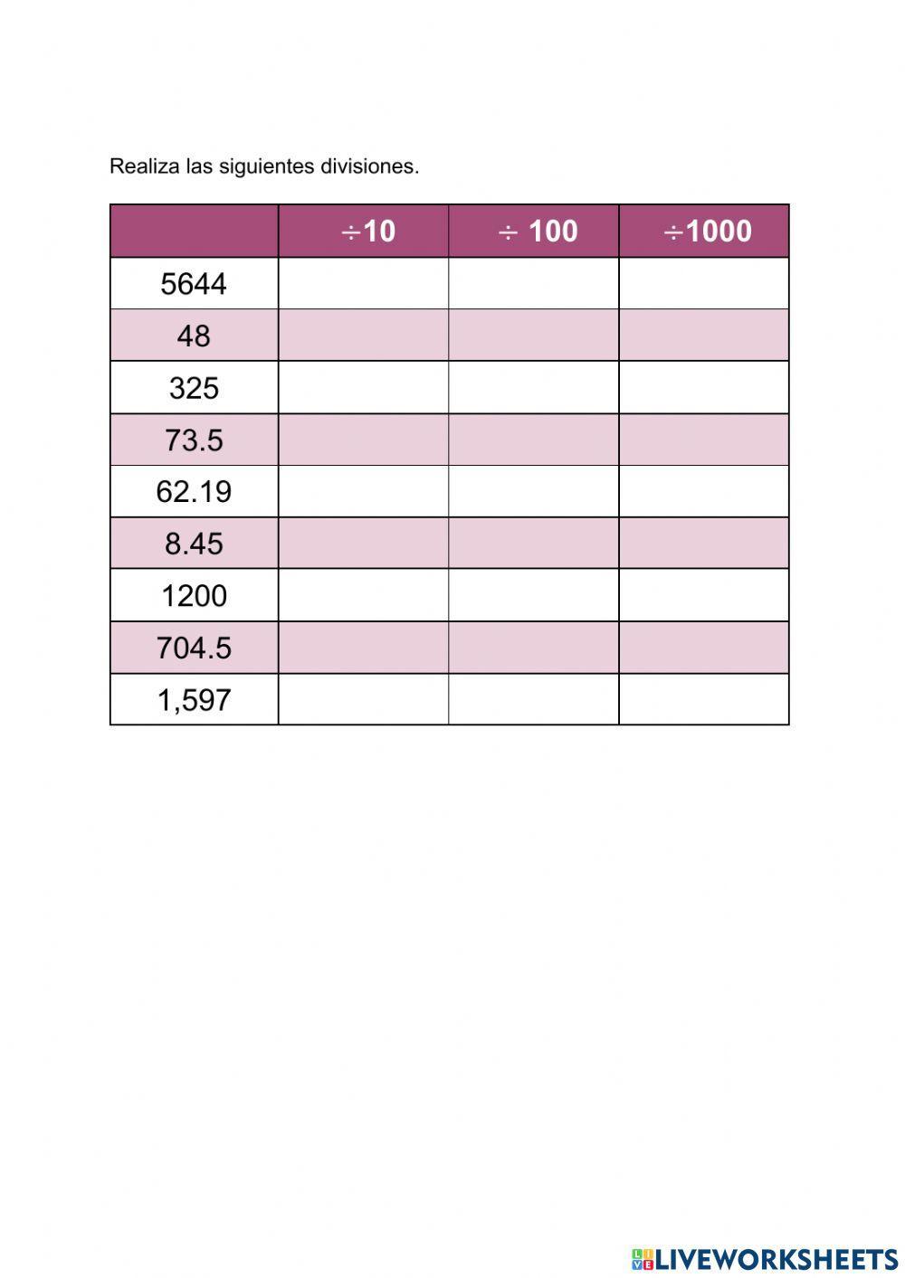 Multiplicación y División por 10,100,1000