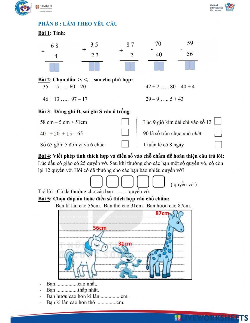 Phiếu Toán ôn tập cuối HK2 - Số 1