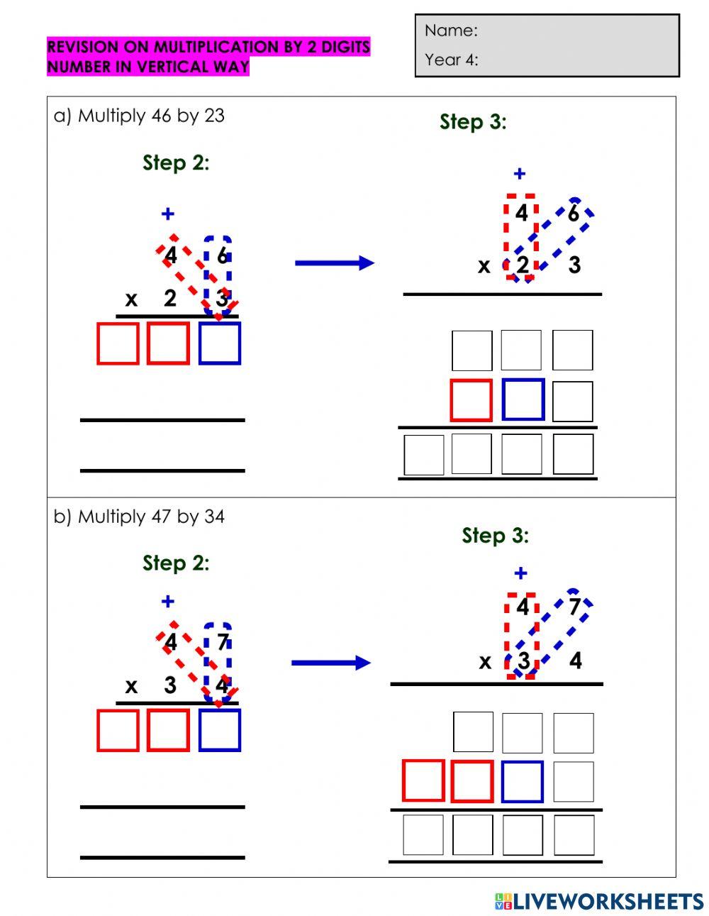 Red Revision Multiply by 2 digits number in vertical way