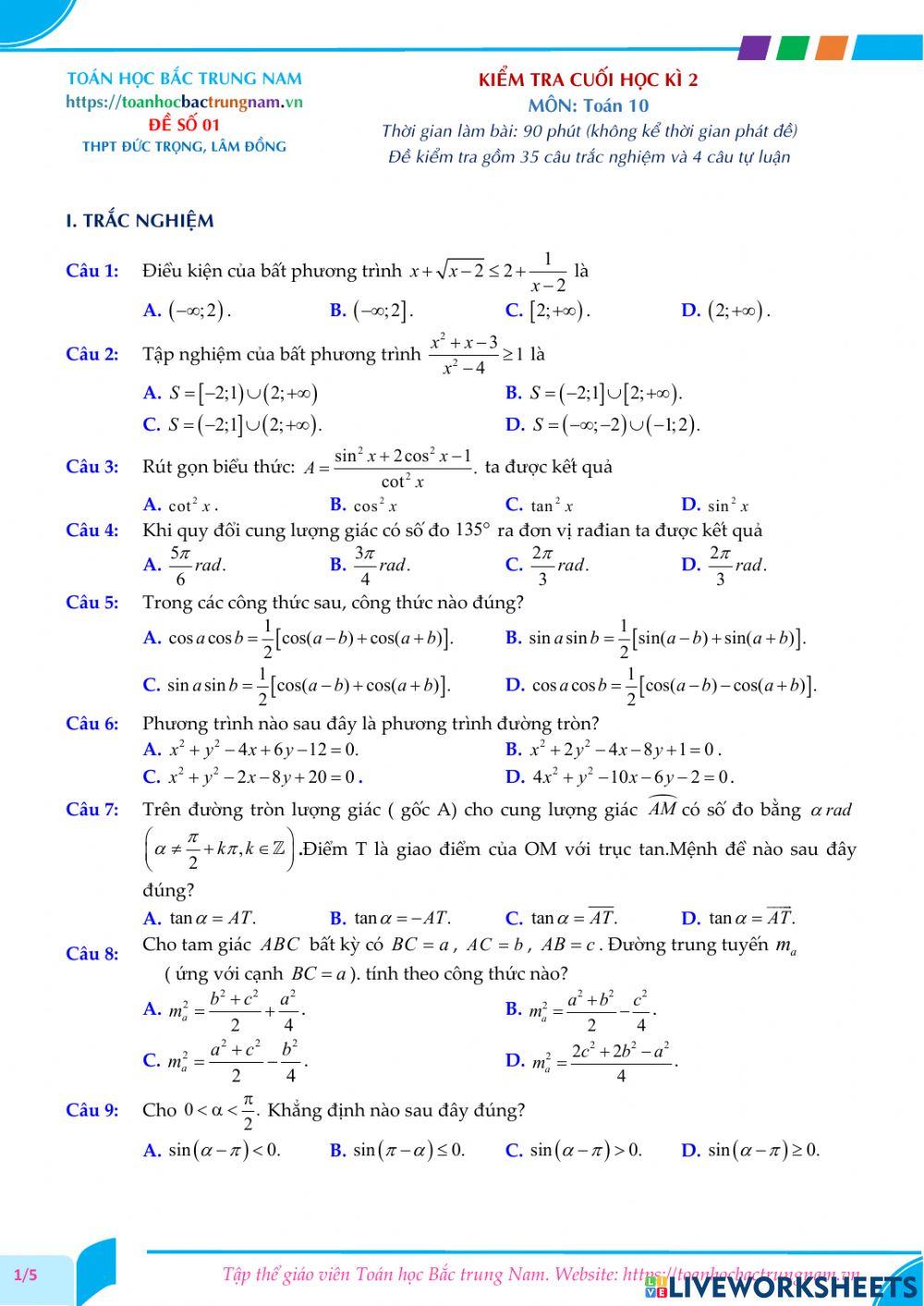 Toán 10-Kiểm tra CK2-THPT ĐứcTrọng, Lâm Đồng-2021