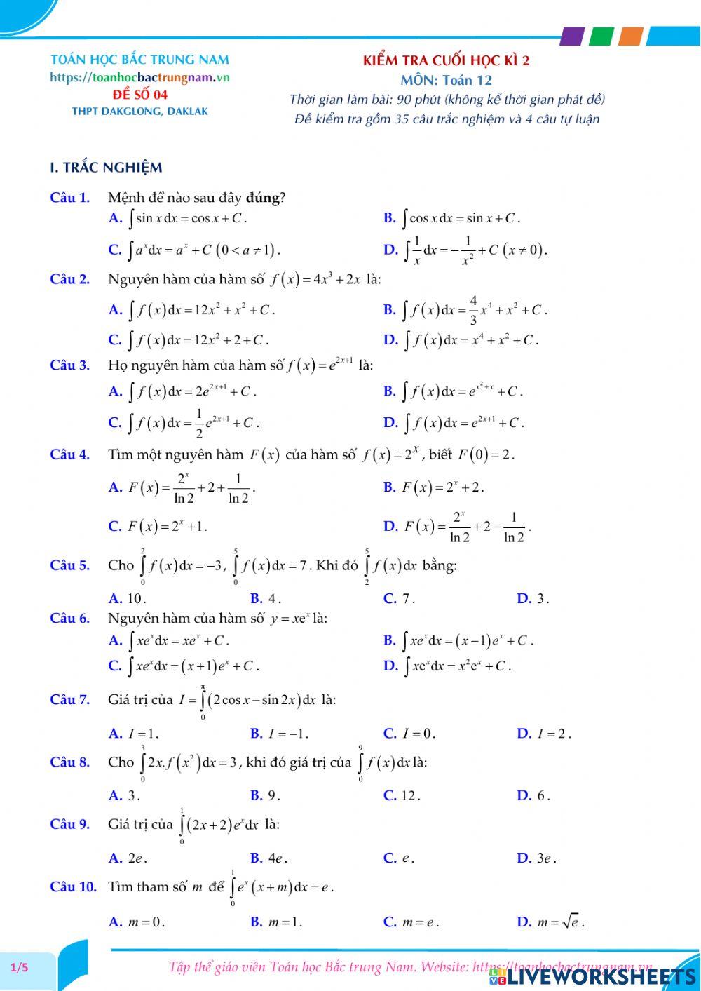Toán 12-Kiểm tra CK2-THPT DakGlong, DakLak-2021