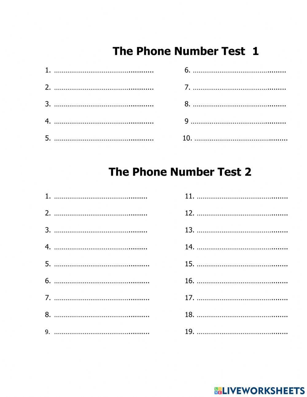 Test phone number worksheet Live Worksheets