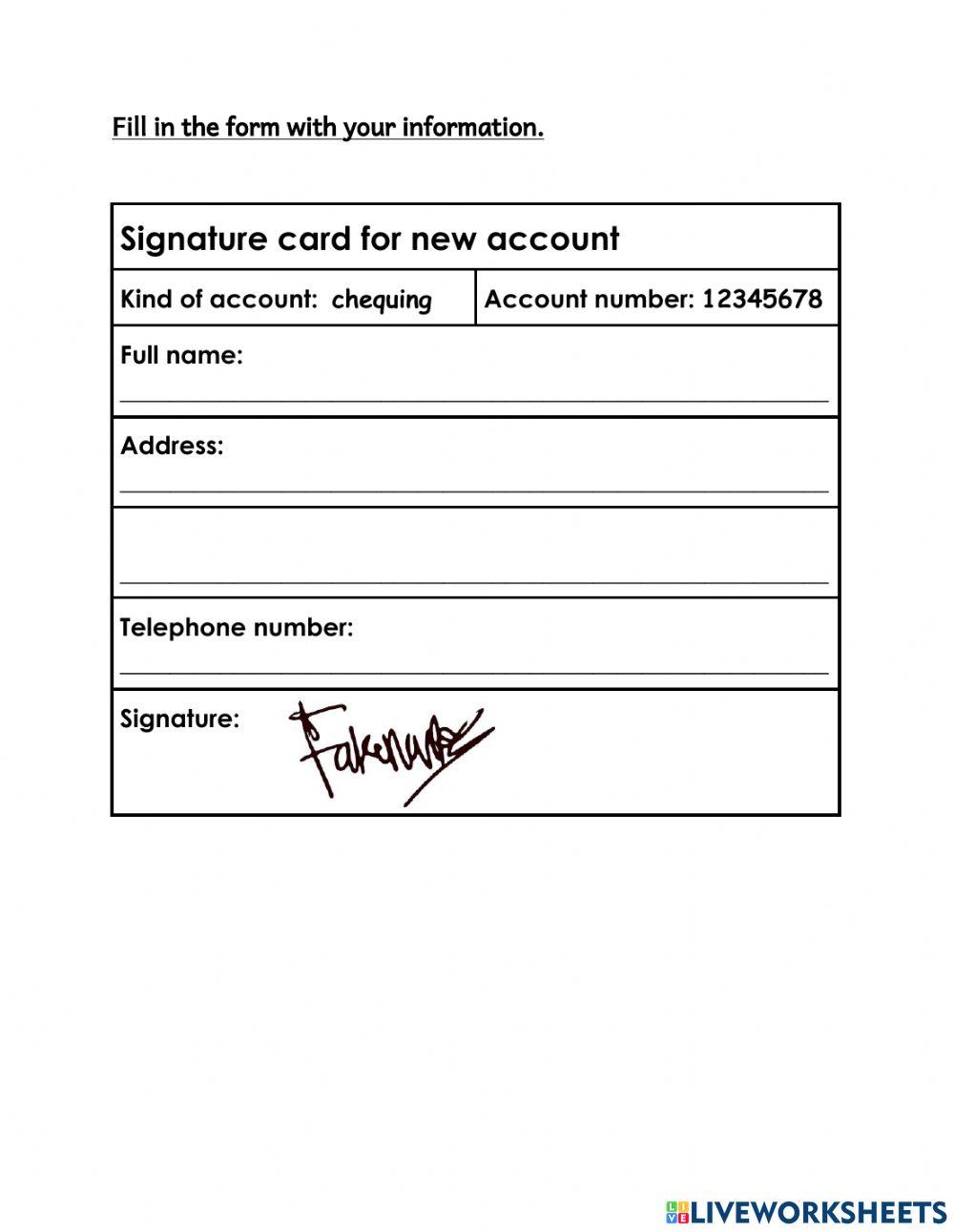 Signature card for new account