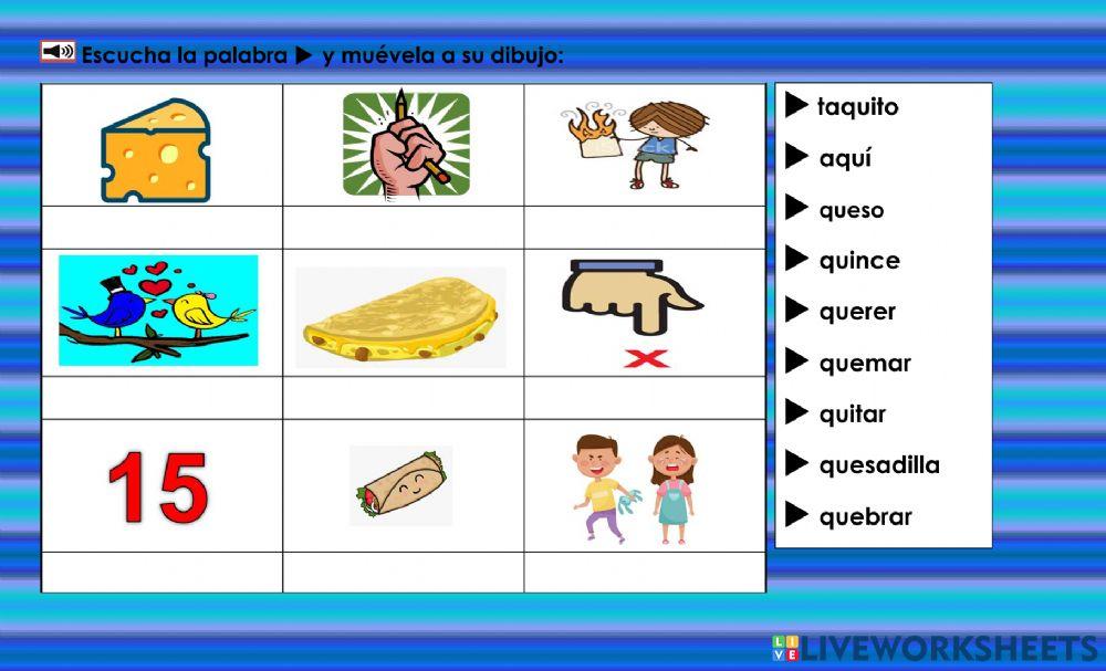 Qq: Escucha las palabras y muévelas debajo de su dibujo