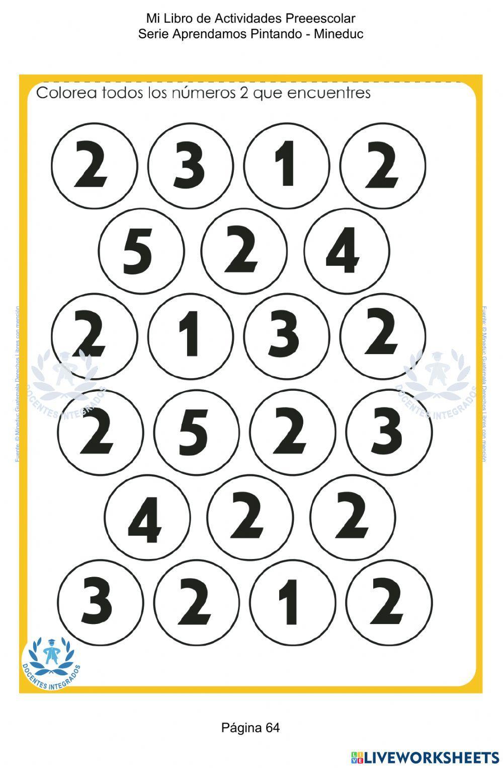 Mi Libro de Actividades Preeescolar Serie Aprendamos Pintando - Mineduc pág. 64 - Remarca todos los números dos que encuentres