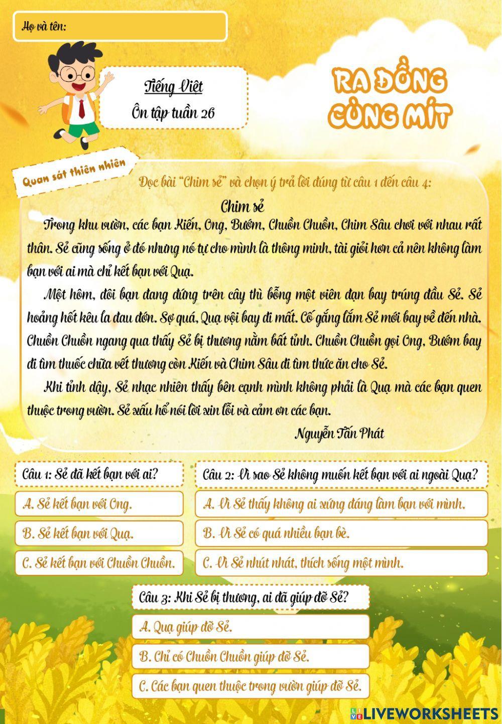 Lớp 2 - Tiếng việt - Tuần 26 - Đề 2