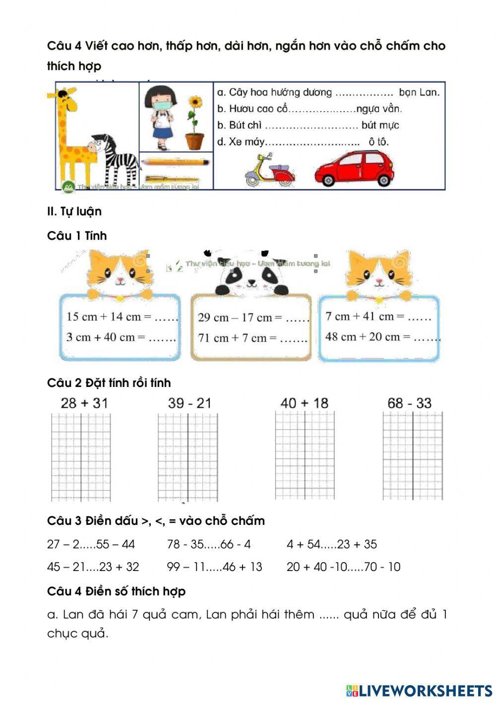 Toán lớp 1 Ôn tập cuối năm (đề 1)