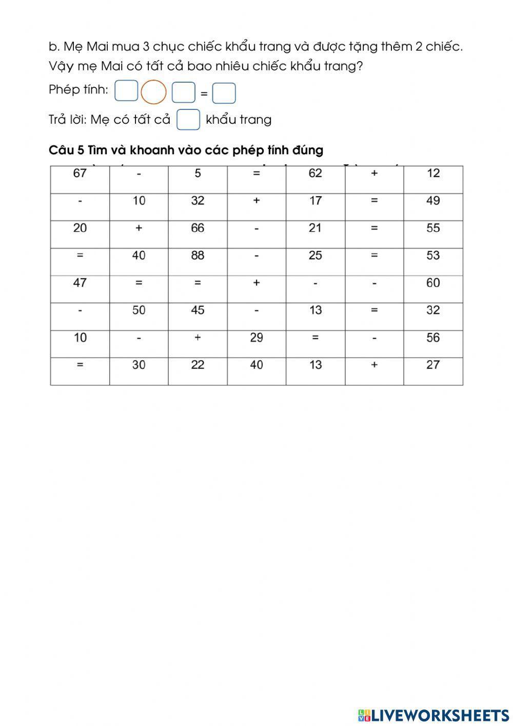 Toán lớp 1 Ôn tập cuối năm (đề 1)