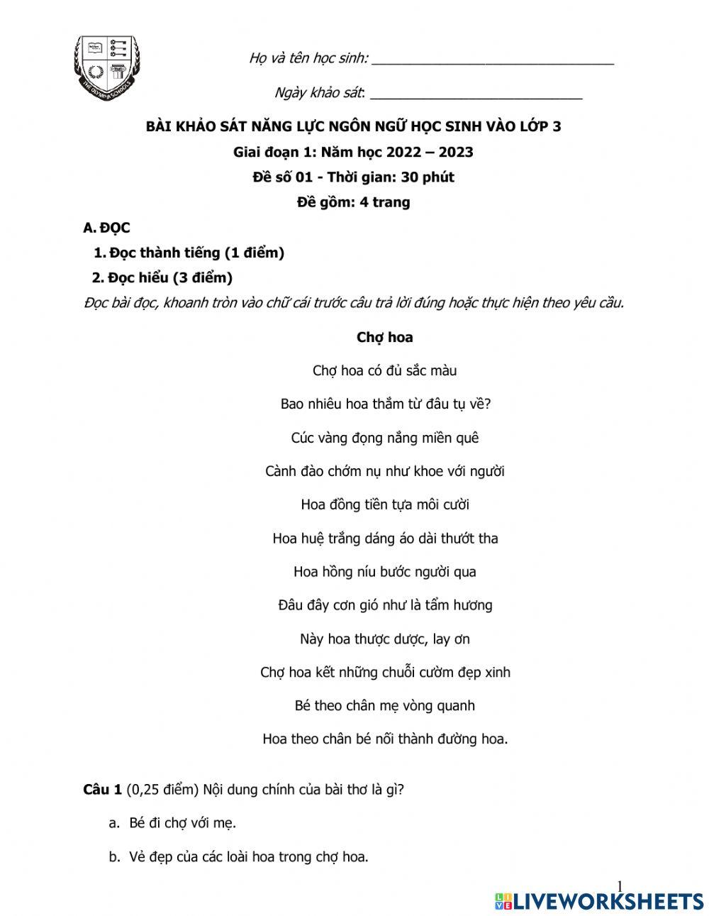 Đề KT lớp 3 giai đoạn 1