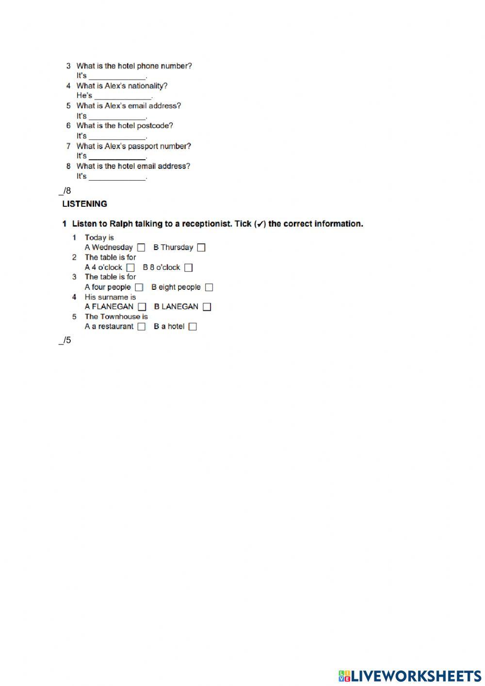 English File beginners- test units 1 and 2