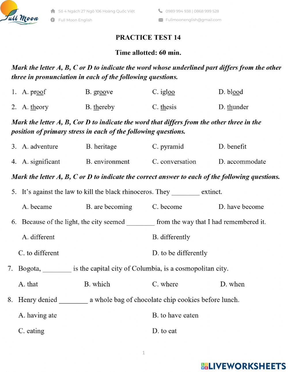Đề thi vào 10. Practice Test 14