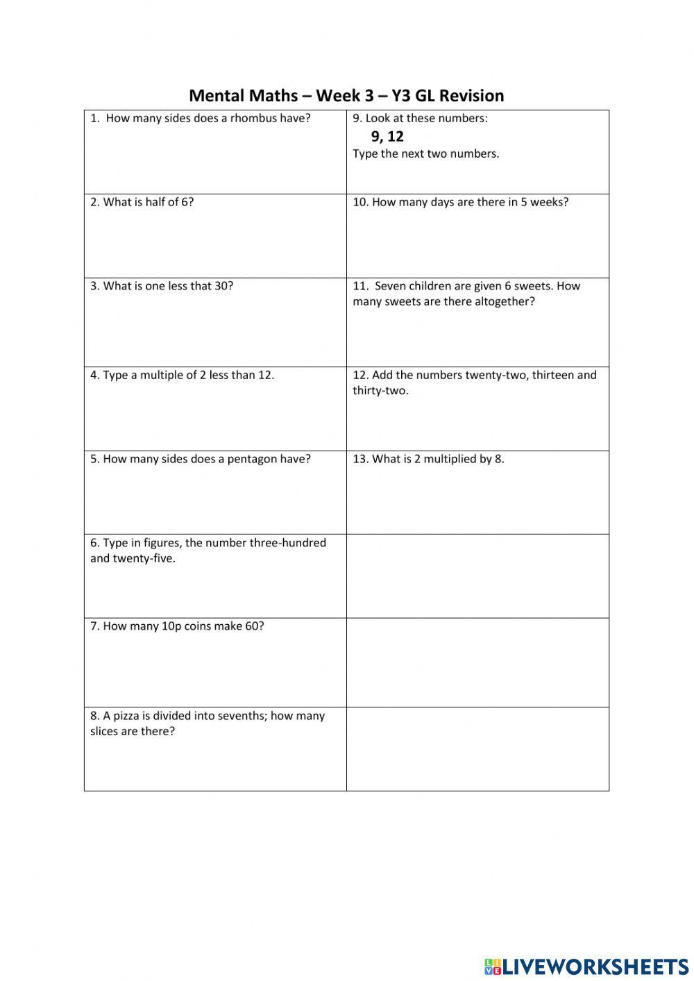 Year 3 Mental Maths GL revision - Week 3