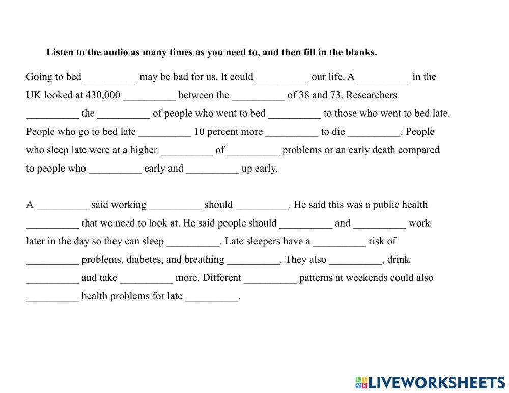 Sleep-Night Owls-Early Birds Dictation Exercise