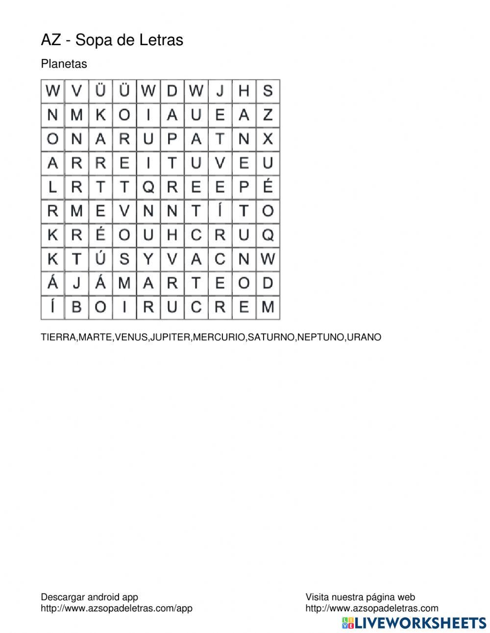 Sopa de letras planetas Sopa de letras planetas