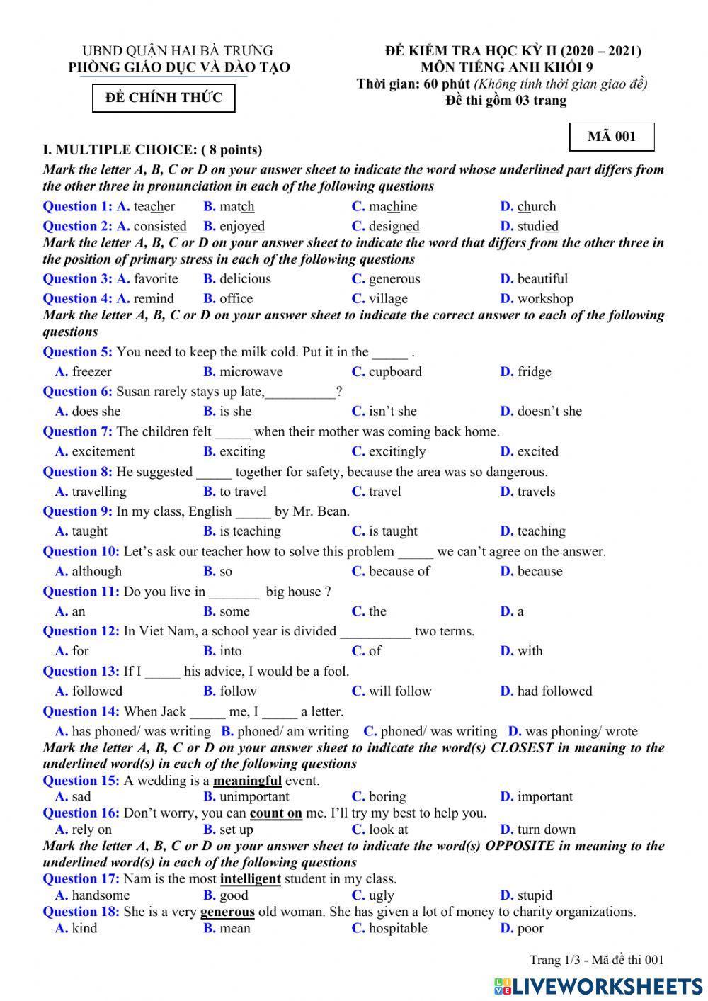 Đề Thi vào 10 ( Quận 2 Bà Trưng )