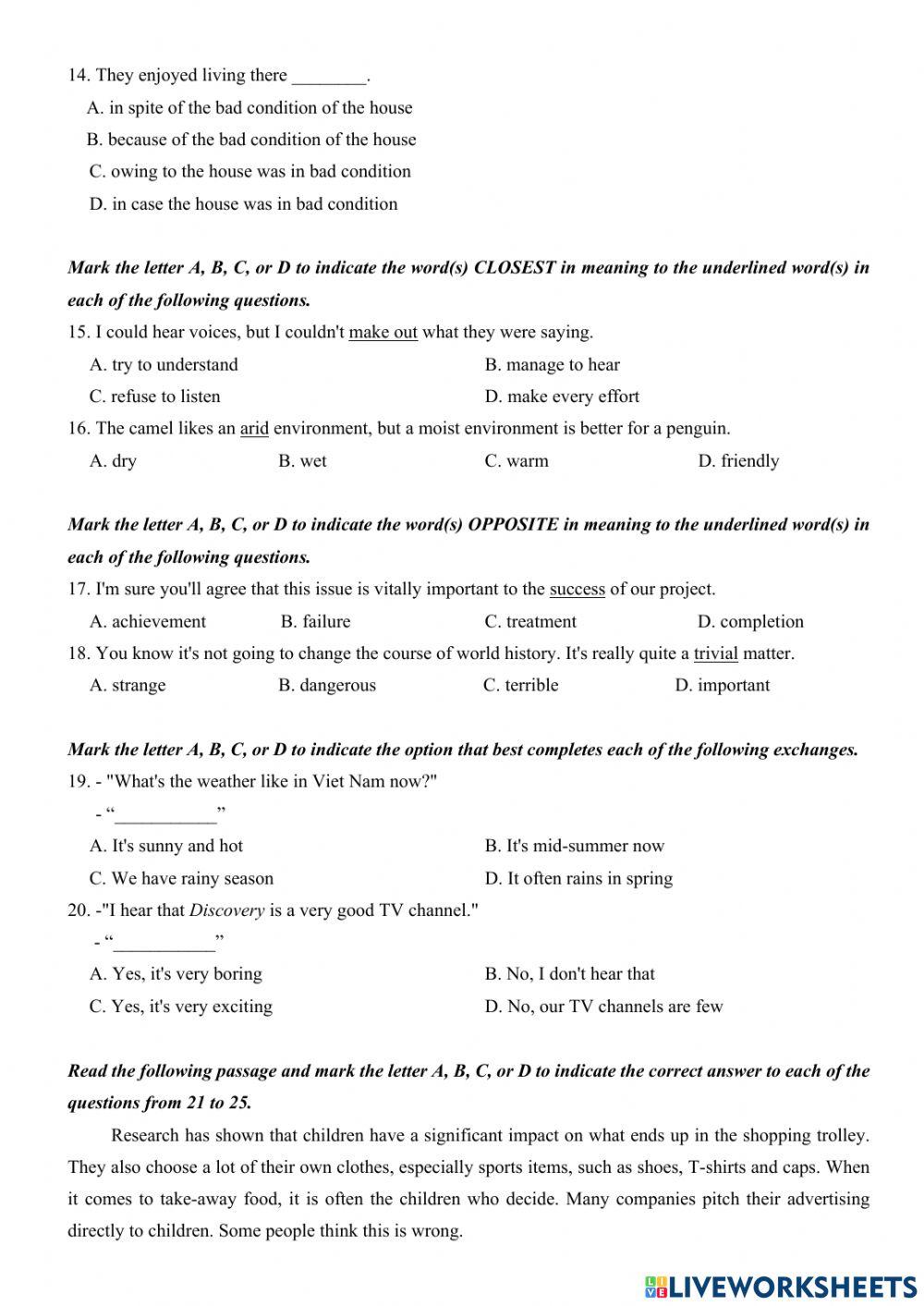 Grade 10- entrance test