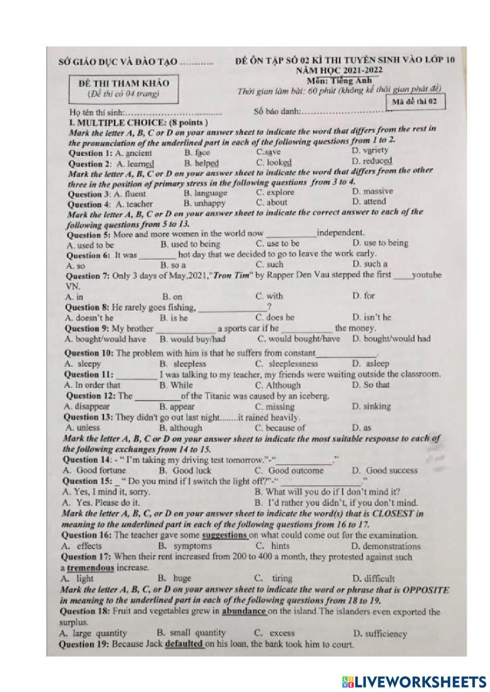 Đề thi khảo sat học kỳ 2 VÀO 10