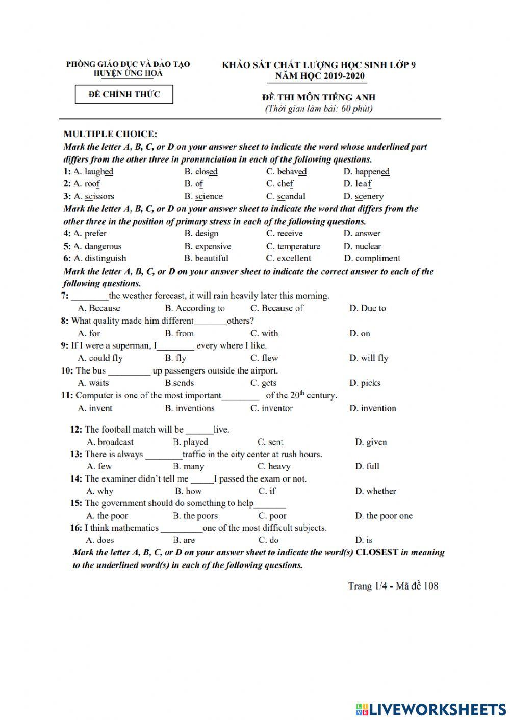 Đề thi khảo sát chất lượng vào 10