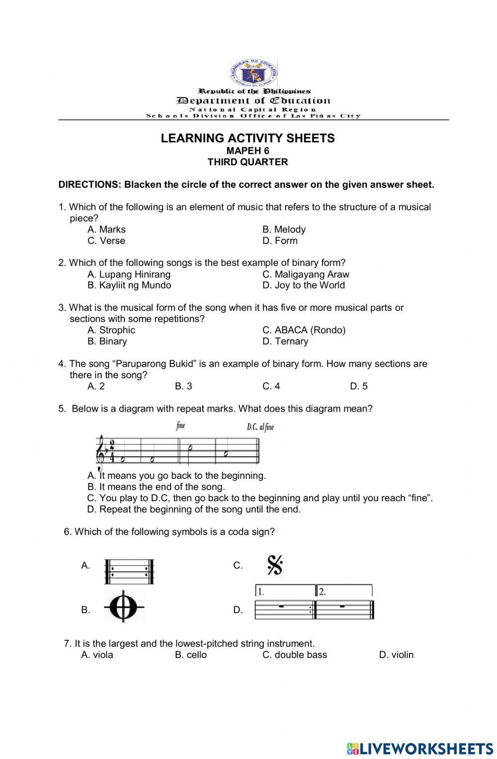 3rd quarter learning activity sheets in mapeh 6 online exercise for