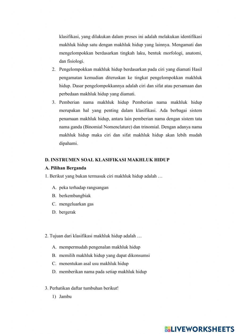 Soal klasifikasi makhluk hidup