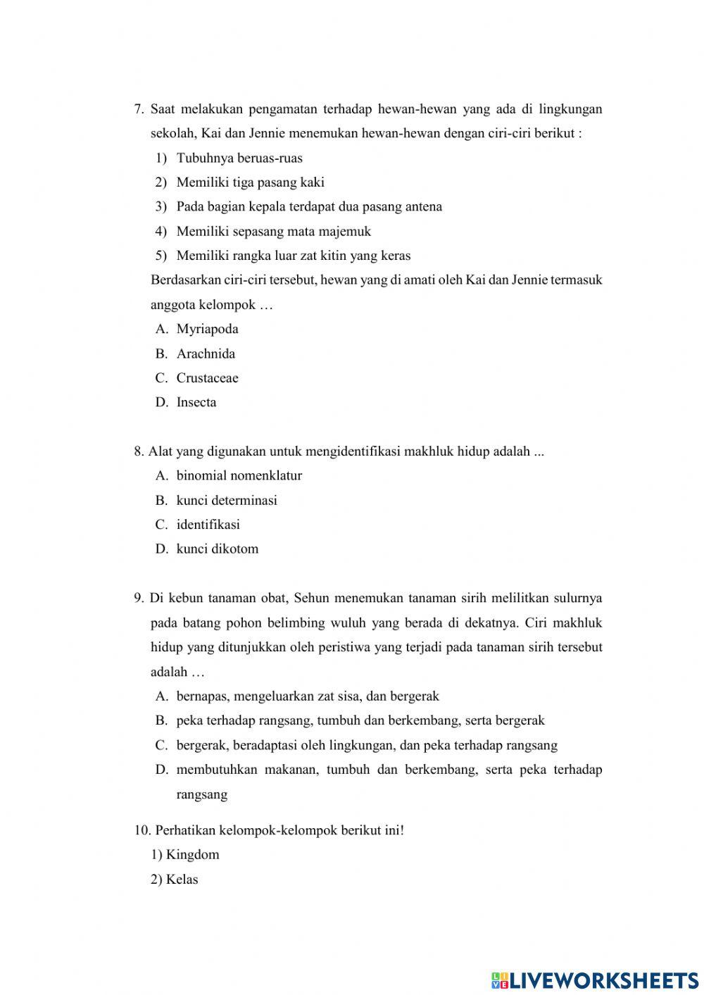Soal klasifikasi makhluk hidup