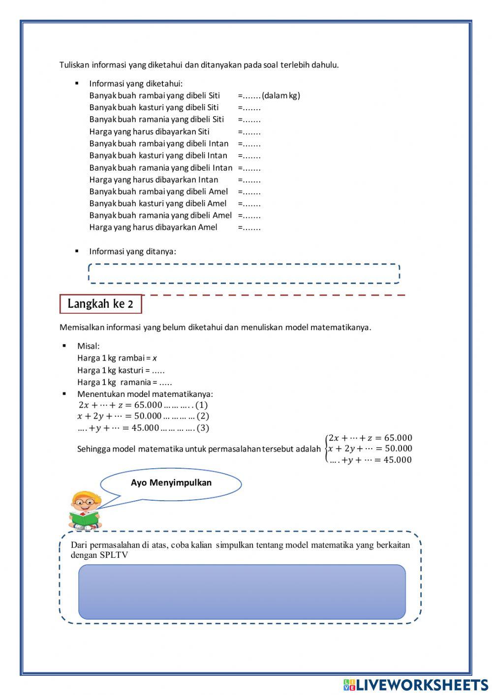 Masalah 2 Membuat Model Matematika dari Masalah SPLTV