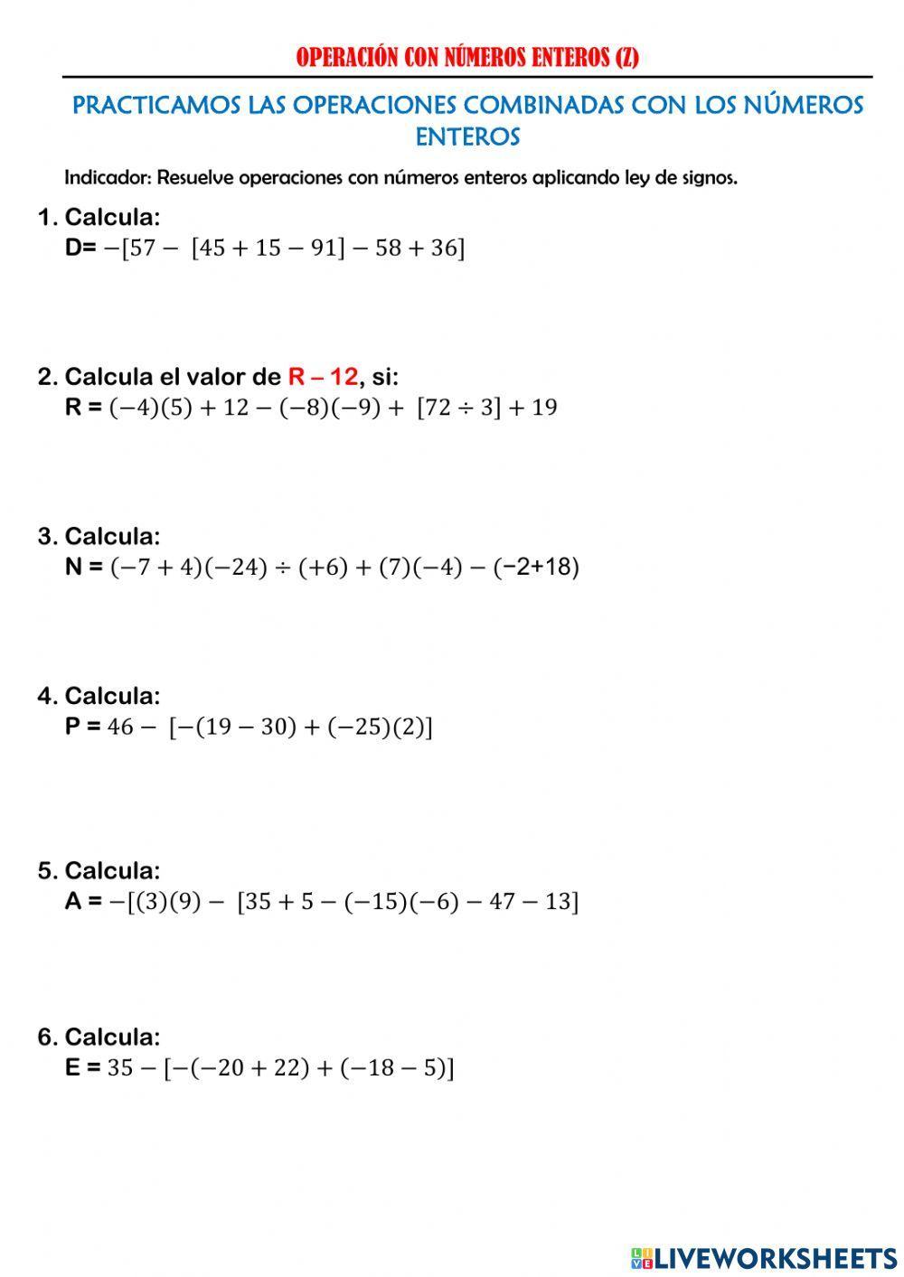 Operaciones combinadas con numeros enteros