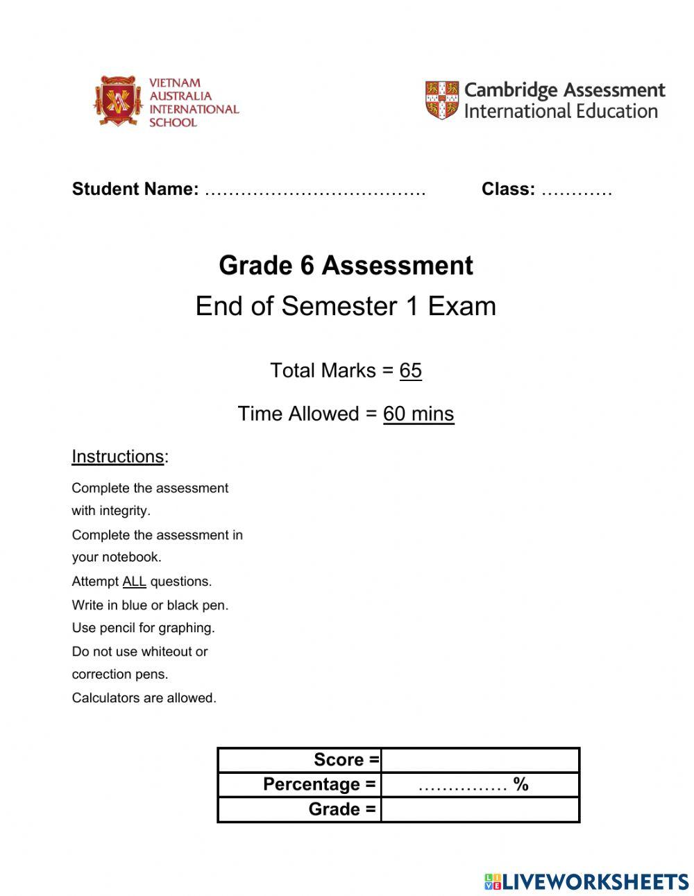 Grade 6 End of Semester 1 Test Practice Paper Part 1