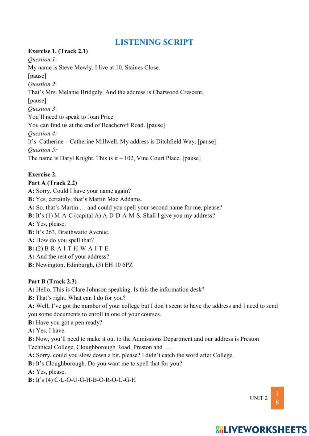 Listening scripts for ESL worksheets