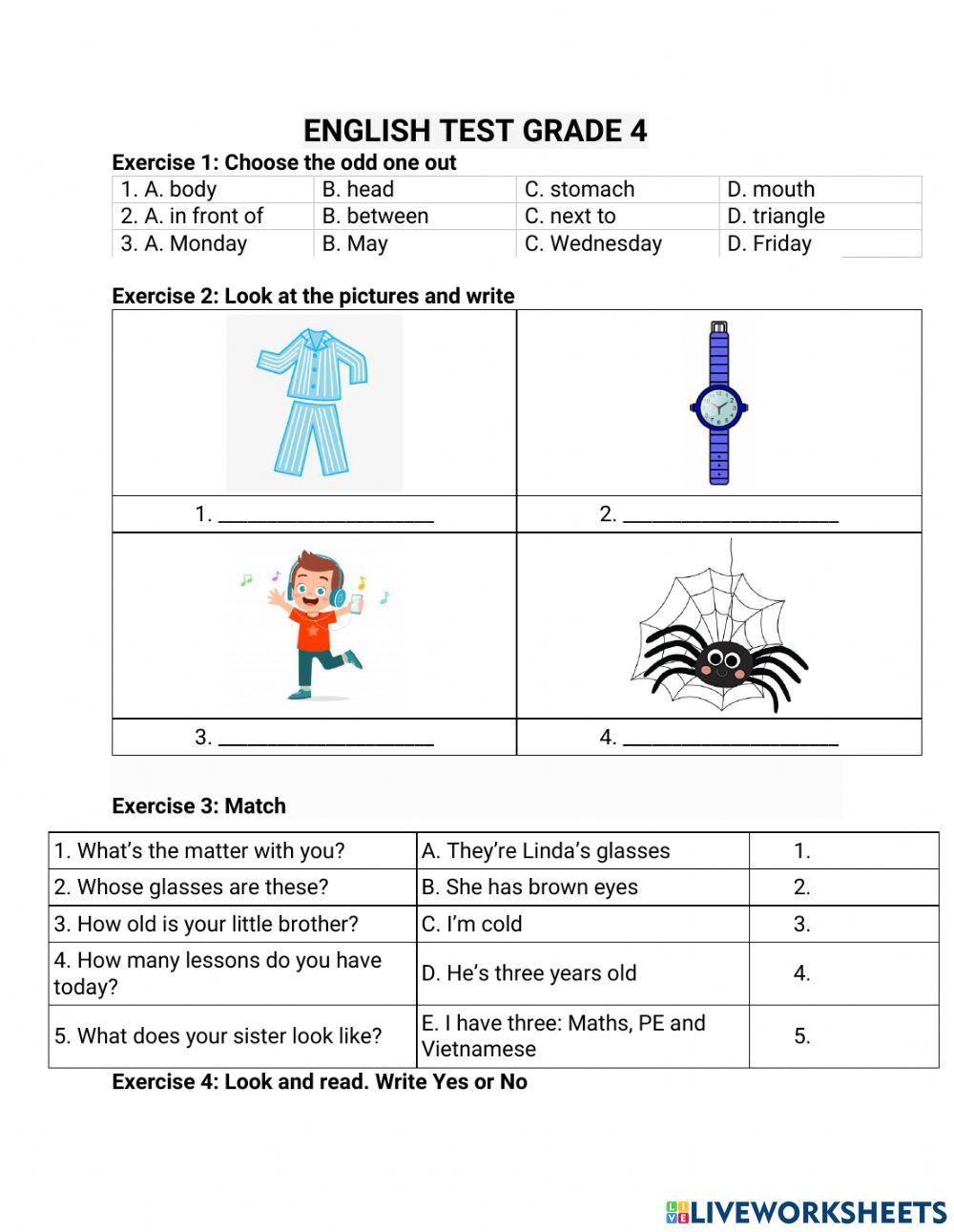 English test grade 4 online exercise for live worksheets