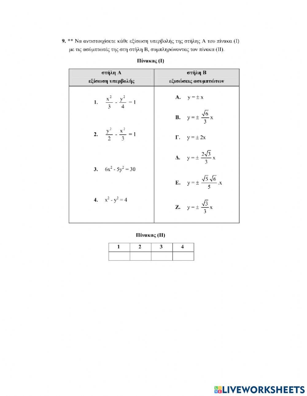 Ερωτήσεις Αντιστοίχισης στην Υπερβολή