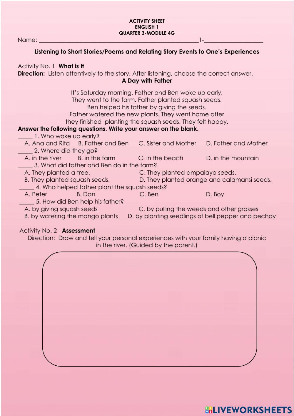 Listening to Short Stories-Poems and Relating Story Events to One’s Experiences   -   Identifying the Problem and Solution in a Story-Poem Listened to